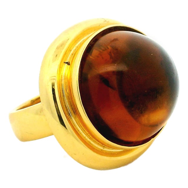 Vintage Turgo 18k Gold Large Cabochon Citrine Statement Ring, Size 7 For Sale