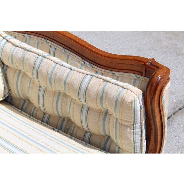 Vintage French Louis XV Style Settee Solid Carved Wood Frame With Striped Upholstery - Circa 70s For Sale - Image 11 of 16