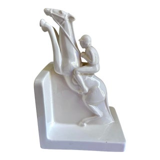 Vintage 1970s Taste Setter by Sigma White Equestrian Jockey Jumping Horse and Rider Sculptural Bookend For Sale