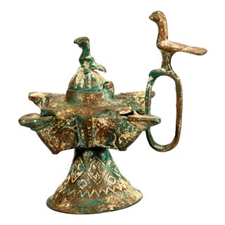 14th Century Islamic Copper Alloy Oil Lamp with Bird Handle For Sale