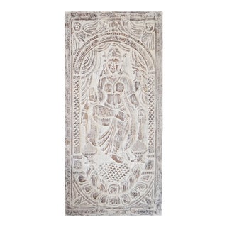 Whitewashed Laxmi Goddess Carving, Barn Door Panel, Indian Carved For Sale