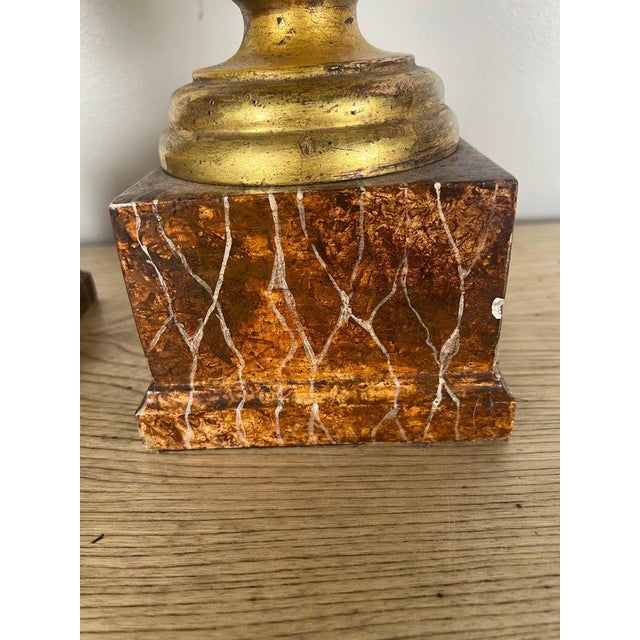 Gold Pair of Italian Giltwood Carved Lamps on Faux Marble Bases For Sale - Image 8 of 10