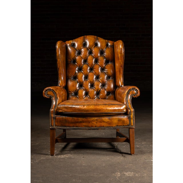 Mid 20th Century Tufted Leather Wingback Armchair in Amber For Sale - Image 4 of 9