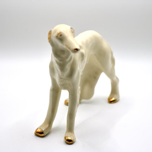 Mid-Century Modern White Glazed Ceramic Greyhound Figurine With Gold Accents For Sale - Image 4 of 9