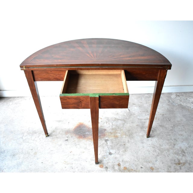Brown Antique French Louis XVI-Style Marquetry & Ormolu Flip-Top Demilune Card Table For Sale - Image 8 of 13
