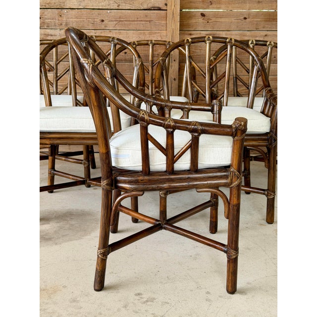 An exceptional set of six vintage McGuire San Francisco “Arrow Back” (Model M-74) dining armchairs designed by Elinor...
