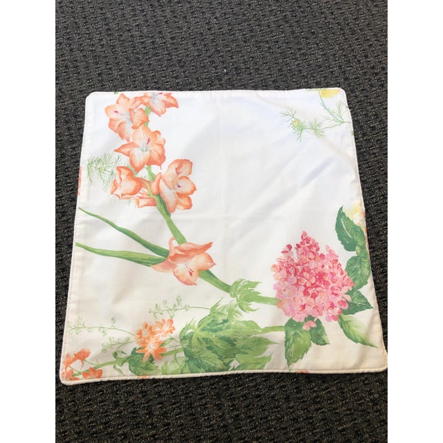 Charming cotton floral pillow cover. Measures 20" by 20". Crisp white background with summer flowers of Hydrangeas and...