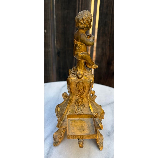 Antique French Rococo Gilt Brass Cherub Figural Double Inkwell Desk Stand 7.5” For Sale - Image 4 of 8