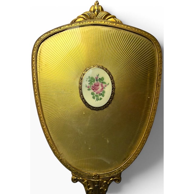 Mid 20th Century Vintage French Rococo Style Guilloche Enamel Vanity Hand Mirror With Hand-Painted Limoges Style Porcelain Rose Medallion For Sale - Image 5 of 6