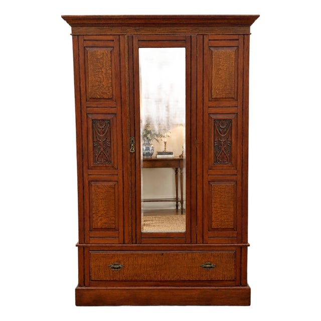 Antique Late 19th Century English Victorian Mirrored Wardrobe Armoire For Sale