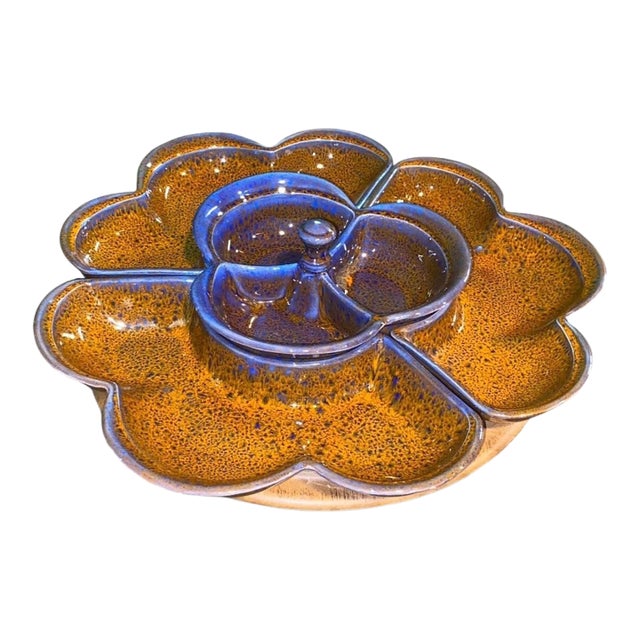 Vintage Mid Century Modern Ceramic Lazy Susan Serving Platter Pottery California Signed - 4 pcs For Sale
