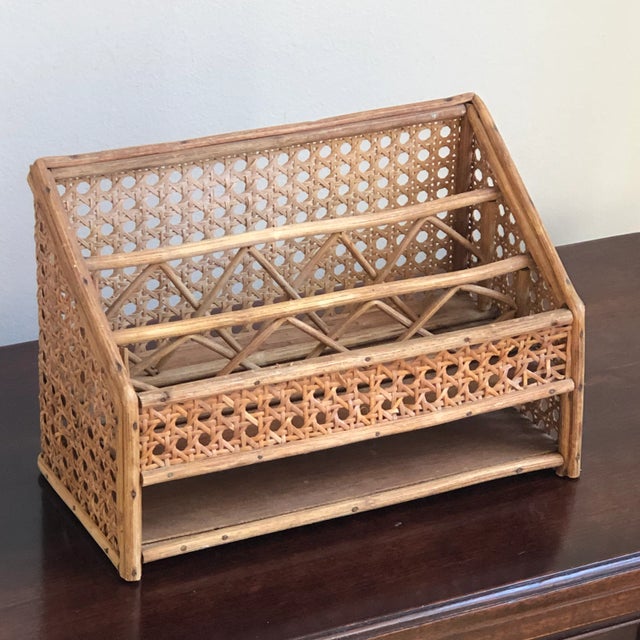 Vintage Mid-20th Century Wood & Cane Desk Organizer For Sale - Image 9 of 12
