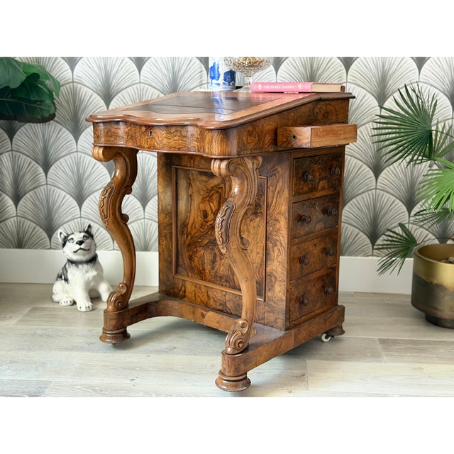 Victorian Antique Victorian Burl Walnut Wood and Leather Davenport Writing Table Secretary Desk For Sale - Image 3 of 18