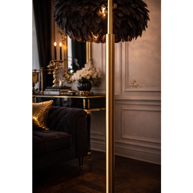 Late 20th Century Late 20th Century Dramatic Hollywood Regency Brass Arc Floor Lamp With Black Feather Shade – From a Curated Private Collection For Sale - Image 5 of 8