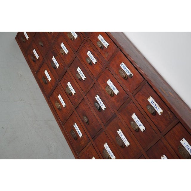 Large Belgian Pitch Pine Apothecary Cabinet with Enamel Shields, 1900s For Sale - Image 4 of 18