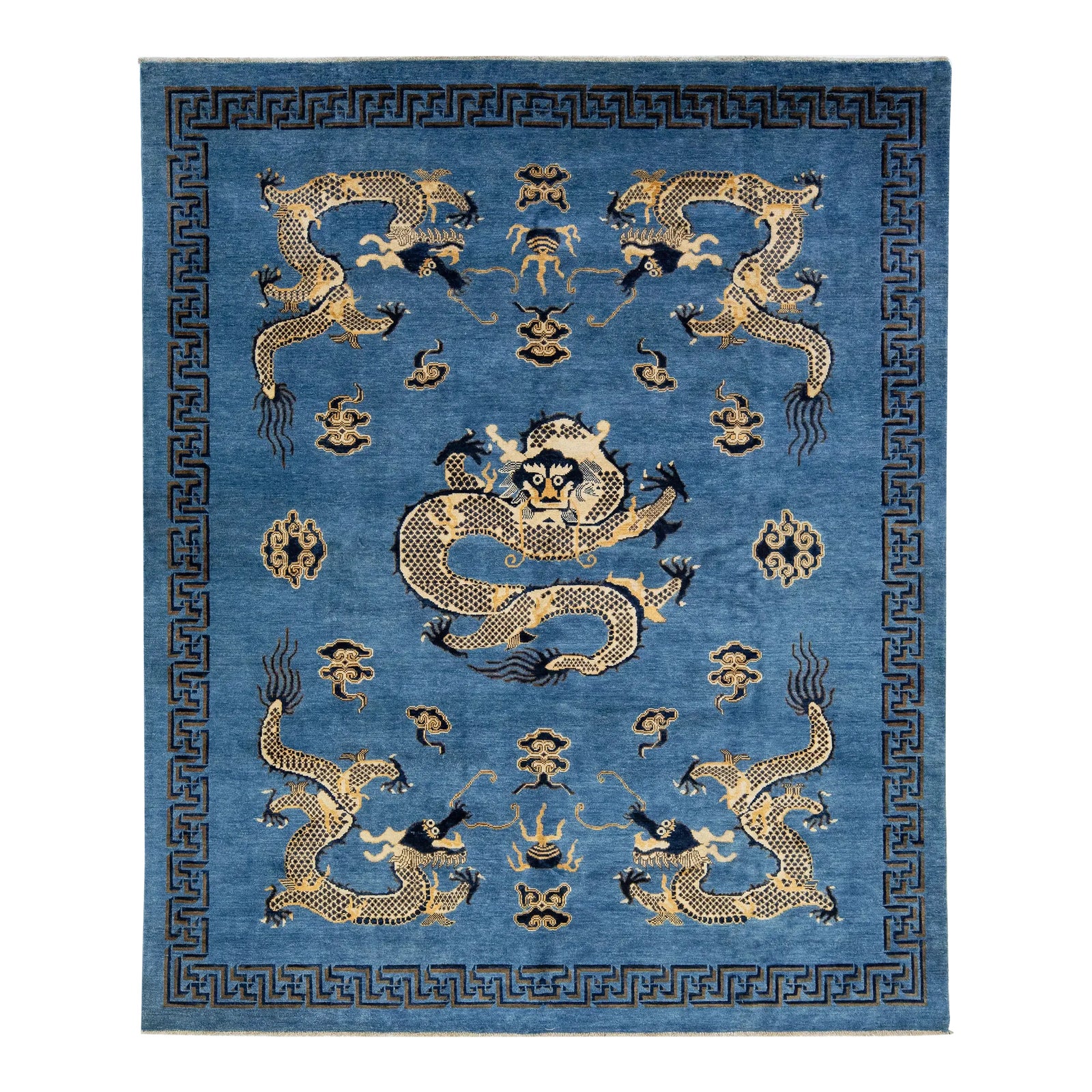 Blue Modern Chinese Style Handmade Wool Rug With Dragon Design | Chairish