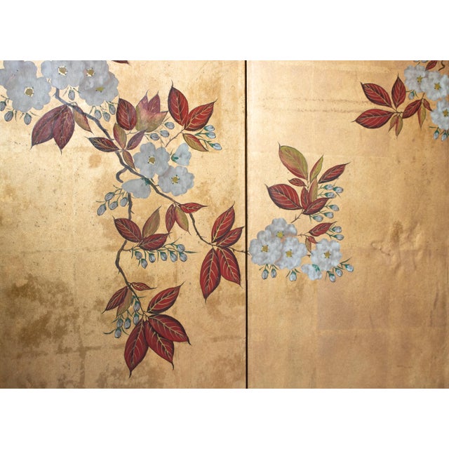 C. 1970s Chinese Six-Panel Gold Leaf Style Painted Screen "Blossoming Plum Tree" For Sale - Image 13 of 18