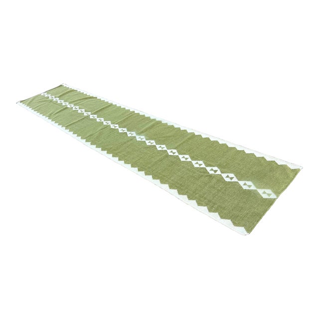 Handmade New Zealand Wool Dhurrie Runner, Olive Green and Cream Geometric Runner Rug- 3'x16' For Sale