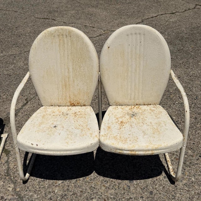 Vintage Art Deco Steel Metal Clam Shell Double Seat Porch Patio Loveseat - Pair For Sale - Image 9 of 18