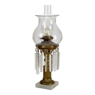 1900s Oversized Antique Brass, Crystal & Marble Electrified Astral Lamp Etched Shade For Sale