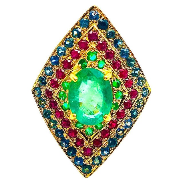 Bochic "Orient" Natural Emerald, Ruby & Sapphire Ring Set In 18K Gold &Silver For Sale - Image 15 of 18