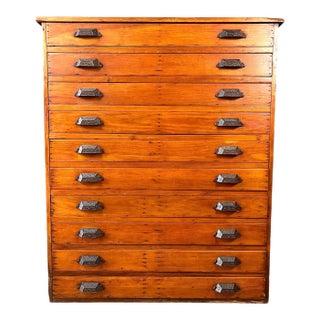 Antique Large 10 Drawer Pine Map File Flat File Cabinet For Sale