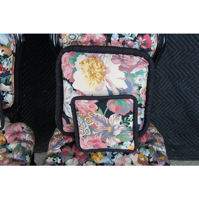 4 Antique French Louis XV Style Ebonized Dining Chairs Boussac Fabric Ormolu For Sale - Image 10 of 13