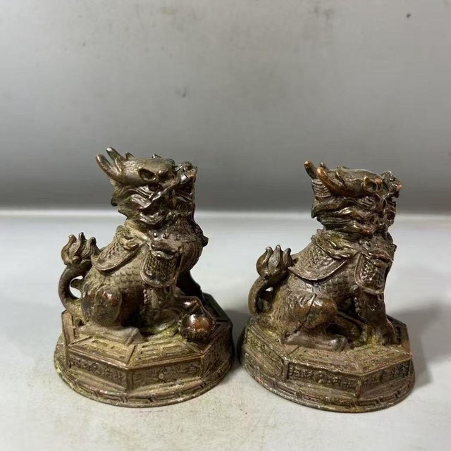 Traditional Pair of Bronze Qilin Statues – 2.8" Mythical Beast Figures on Octagonal Bagua Bases For Sale - Image 3 of 8