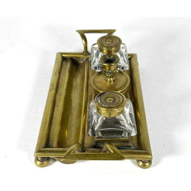 19th Century Victorian Brass Double Inkwell & Candle Holder Set: English Antique For Sale - Image 6 of 10