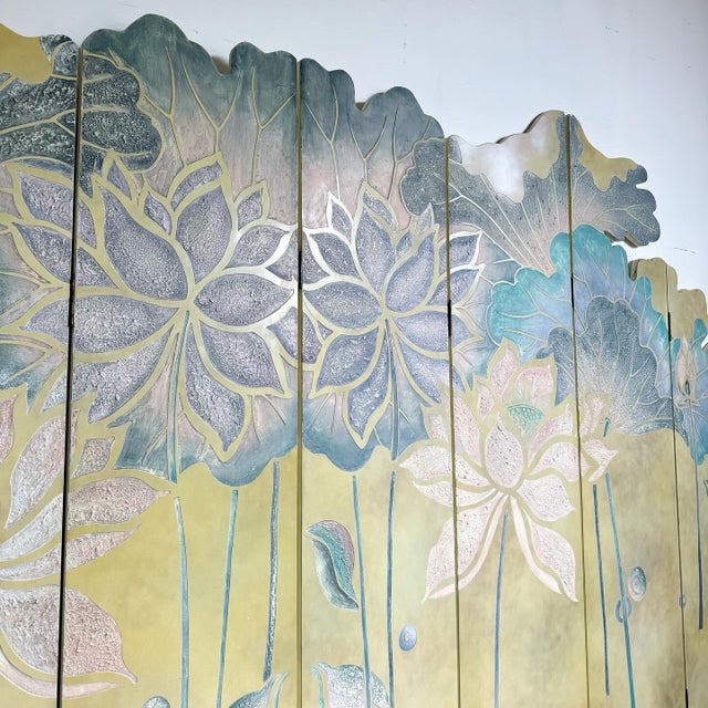 1980s Chinese Hand Carved Flowers and Ducks Sculpted Room Divider Screen - 8 Panels For Sale - Image 5 of 12