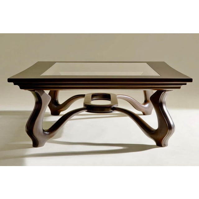 Contemporary Sculptural Stained Walnut and Glass Coffee Table by Michael Maximo For Sale - Image 3 of 10