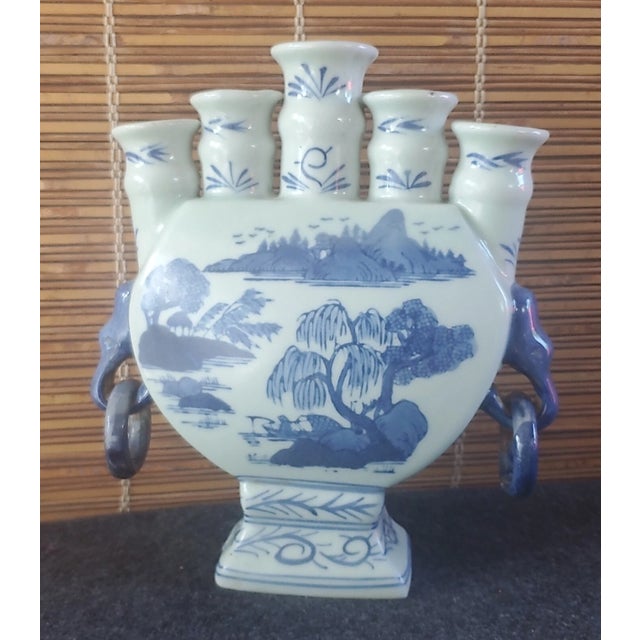1990s Vintage Chinese Porcelain Tulip Blue Five Finger Tulipiere Vase For Sale - Image 5 of 5