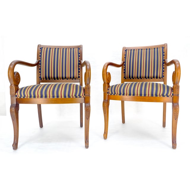Pair of Regency Style Carved Open Arm Fireside Lounge Chairs Stripe Upholstery For Sale - Image 12 of 18