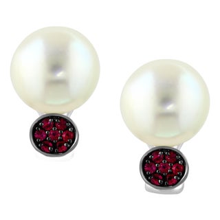 14 mm Round South Sea Pearl & Ruby Cocktail Stud Earrings 18 Karat White Gold, A Pair For Sale