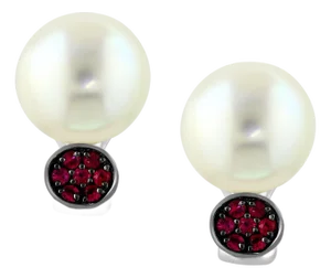 14 mm Round South Sea Pearl & Ruby Cocktail Stud Earrings 18 Karat White Gold, A Pair