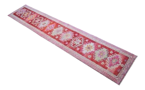 Kurdish Herki Hand-Knotted Distressed Runner Low Pile Extra Long Runner Hallway Decor