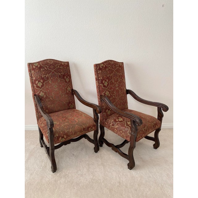 Late 20th Century Baroque Style Renaissance Revival Tuscan Tall Back Carved Open Armchairs Upholstered Seat and Back For Sale - Image 15 of 17