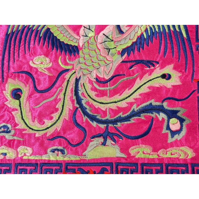 1990s Asian Square Magenta Phoenix Bats Blossom Flower Fabric Display Art For Sale - Image 5 of 8