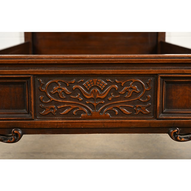Berkey & Gay Style Antique English Jacobean Carved Walnut and Burl Wood Twin Size Bed, Circa 1920s For Sale - Image 10 of 13