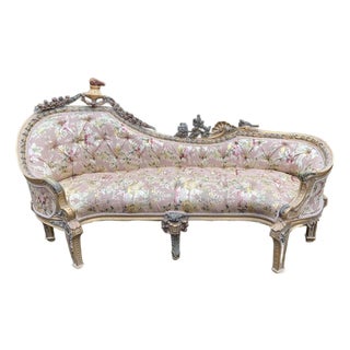1970s French Louis XVI Pink Damask Gold Beech Settee 1 Pc For Sale