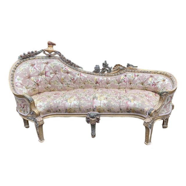 1970s French Louis XVI Pink Damask Gold Beech Settee 1 Pc For Sale