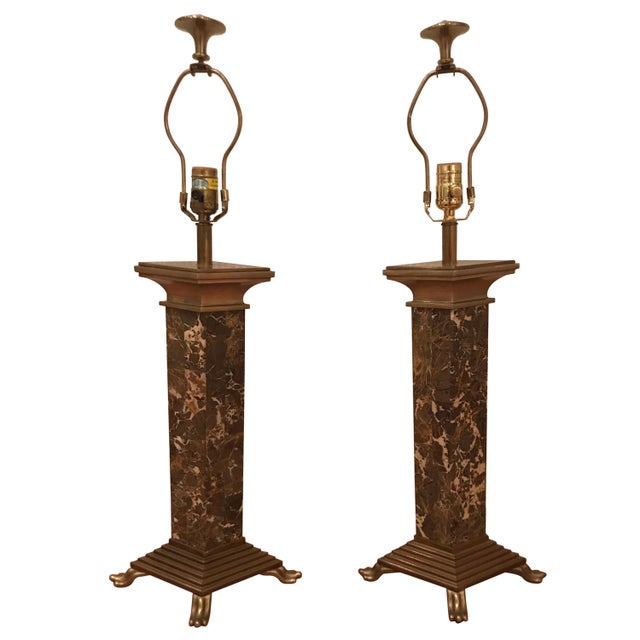 Metal 1980s Chapman Brown Marble and Brass Lamps - a Pair For Sale - Image 7 of 7