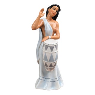 Italian Glazed Ceramic Woman Playing Drum Sculpture by Ronzan, 1950s For Sale