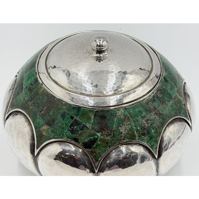 Metal Mid 20th Century Los Castillo Taxco Malachite Silver Plate Lidded Bowl, Mexican Modernist Silver For Sale - Image 7 of 18