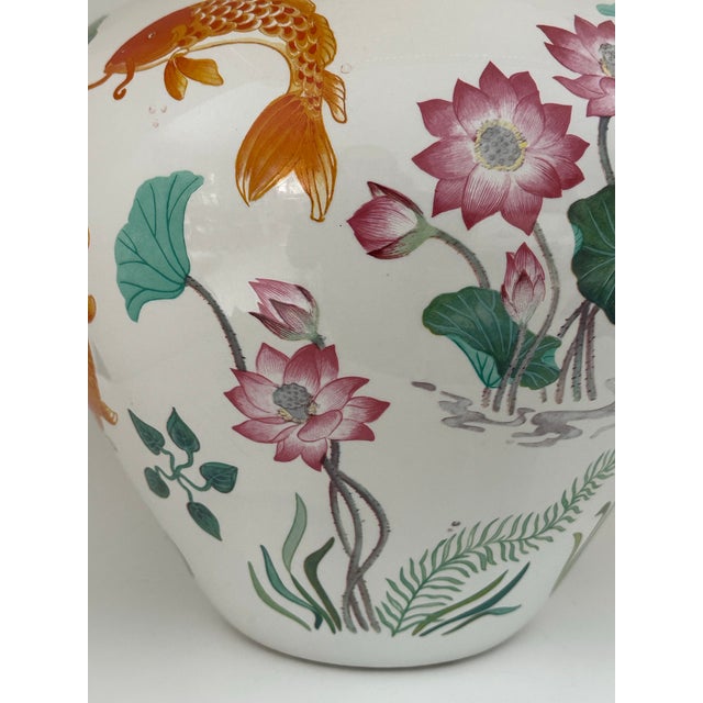 Pink and Green Palm Beach Style Large Porcelain Centerpiece Vase For Sale In Savannah - Image 6 of 8