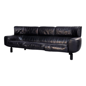 Italian Modern Black Leather & Wood 3-Seater Bull Sofa by Gianfranco Frattini for Cassina, 1980s