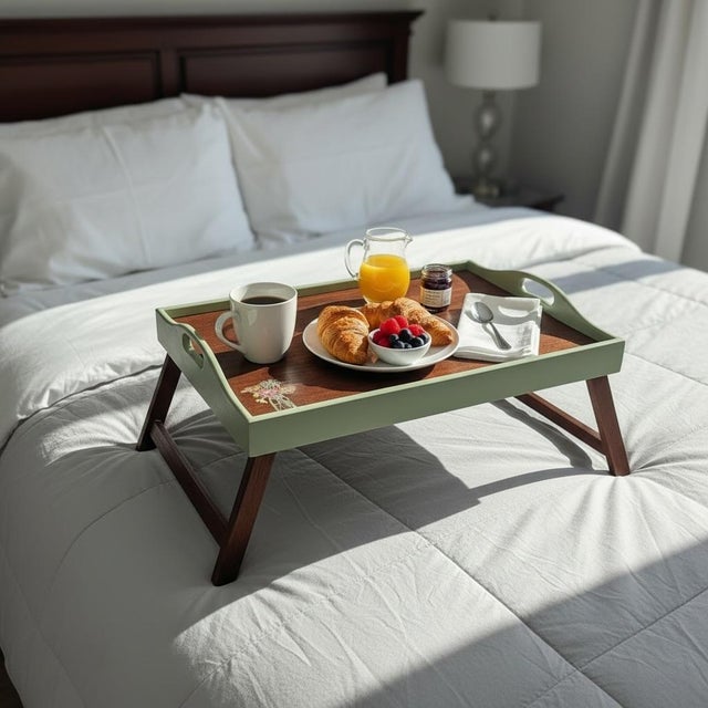 Made from an upcycled folding tray. Solid wood with brass hardware. Sage green hand painted trim. Stained wood legs and...