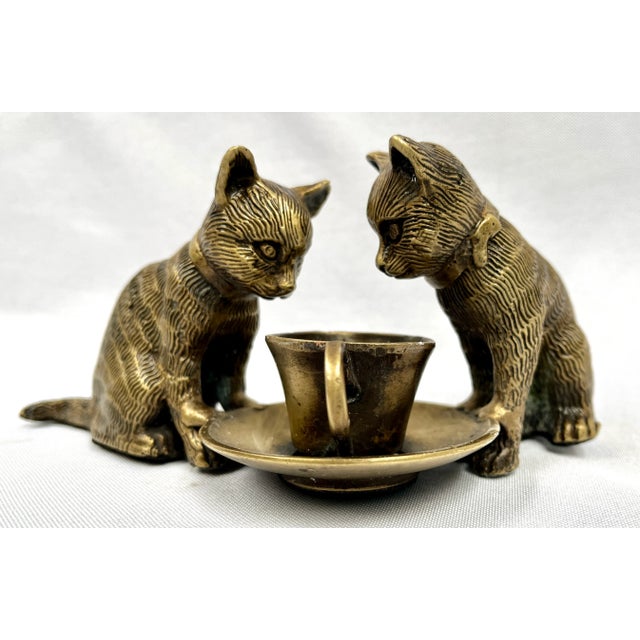 Bronze Mid 20th Century Vintage Bronze Cats With Cup Sculpture For Sale - Image 8 of 12