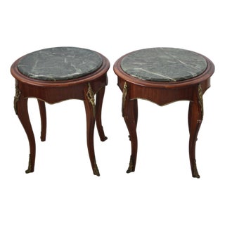 Late 20th Century French Louis XV Style Occasional Side Tables Feature Green Marble Tops, Non-Identical-a Pair For Sale