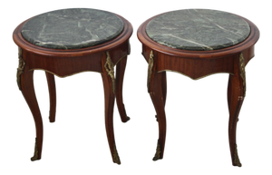 Late 20th Century French Louis XV Style Occasional Side Tables Feature Green Marble Tops, Non-Identical-a Pair